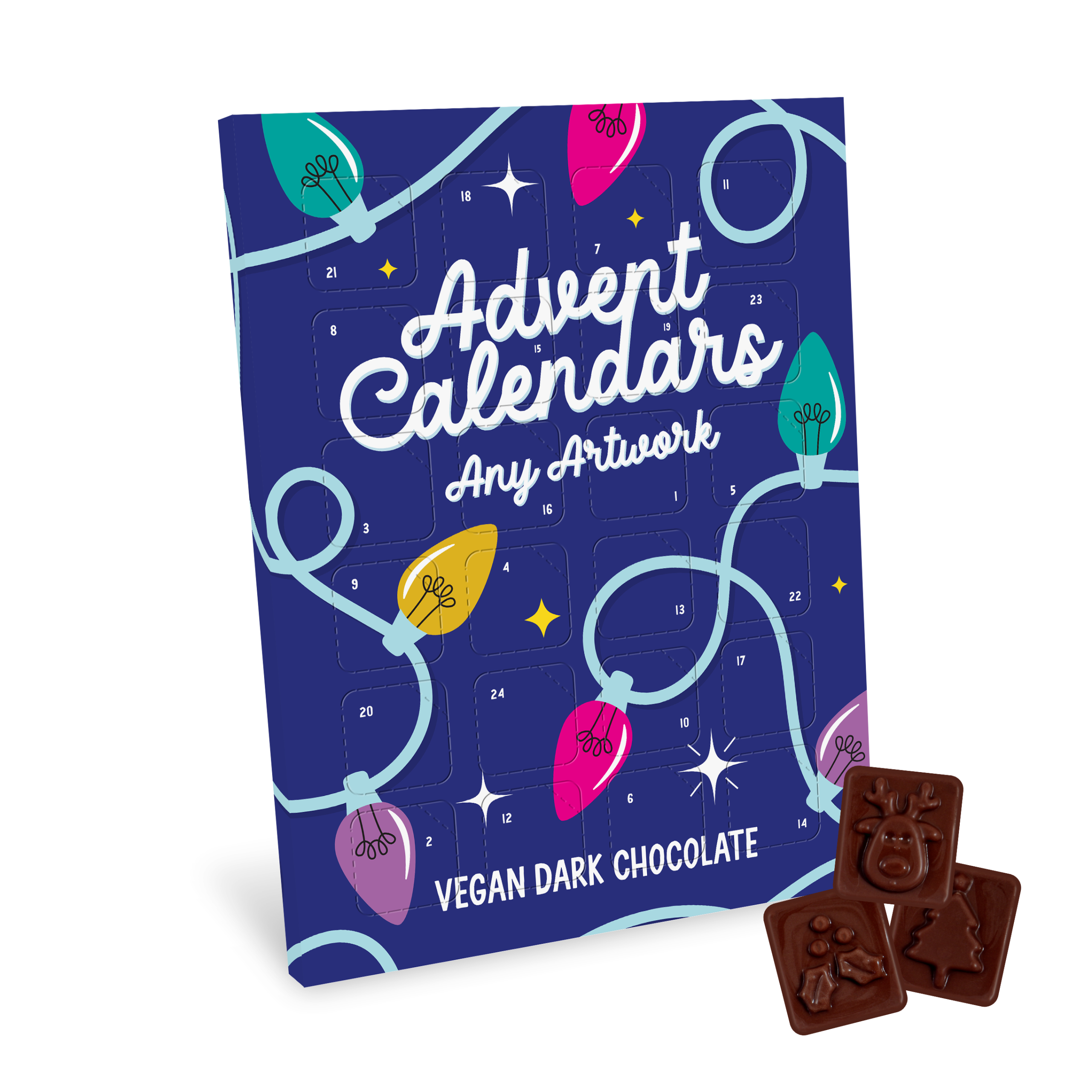Advent calendar with lights design, blue background, vegan dark chocolate, branded with your logo