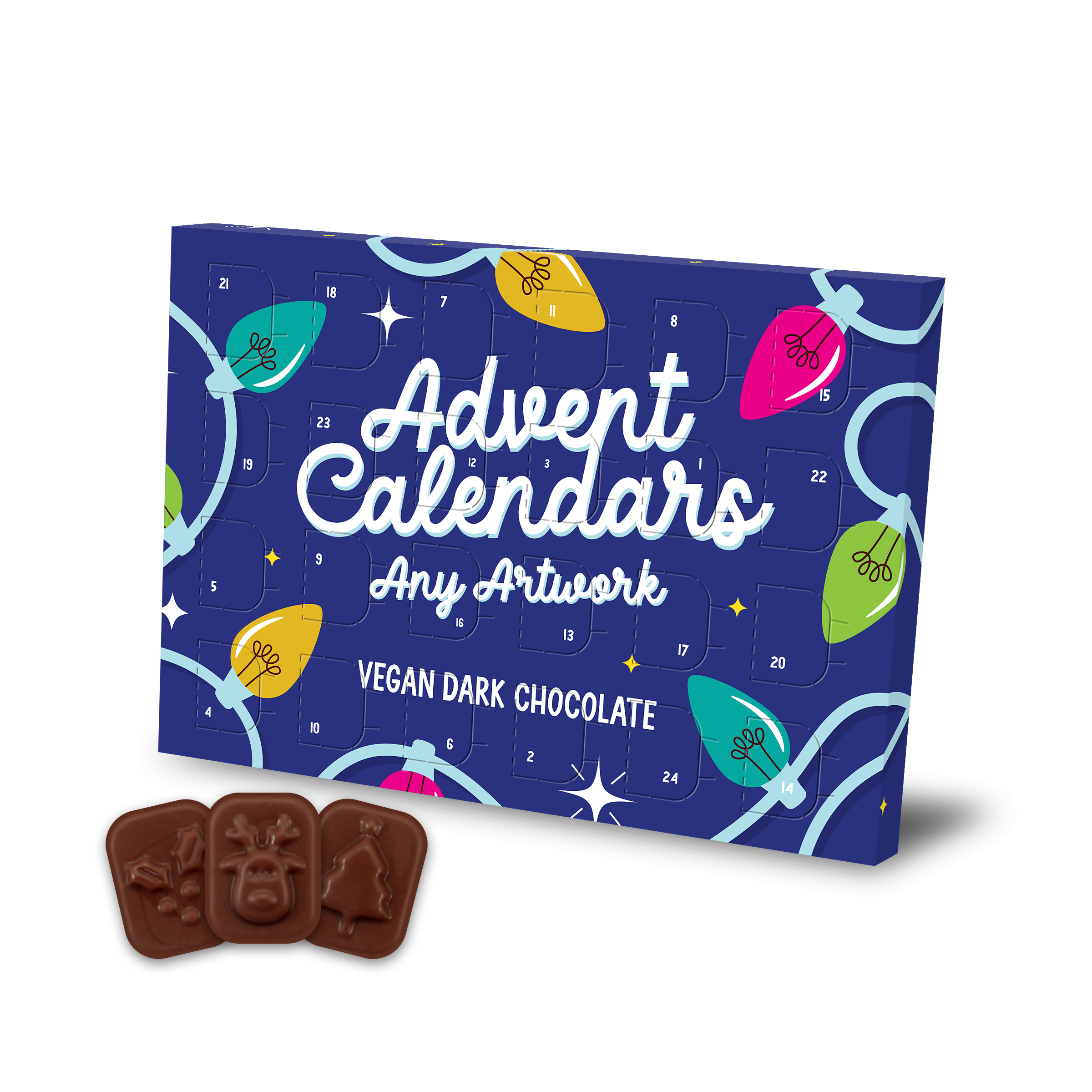 Mini advent calendar with vegan dark chocolate, blue background, tree light design, branded with your logo