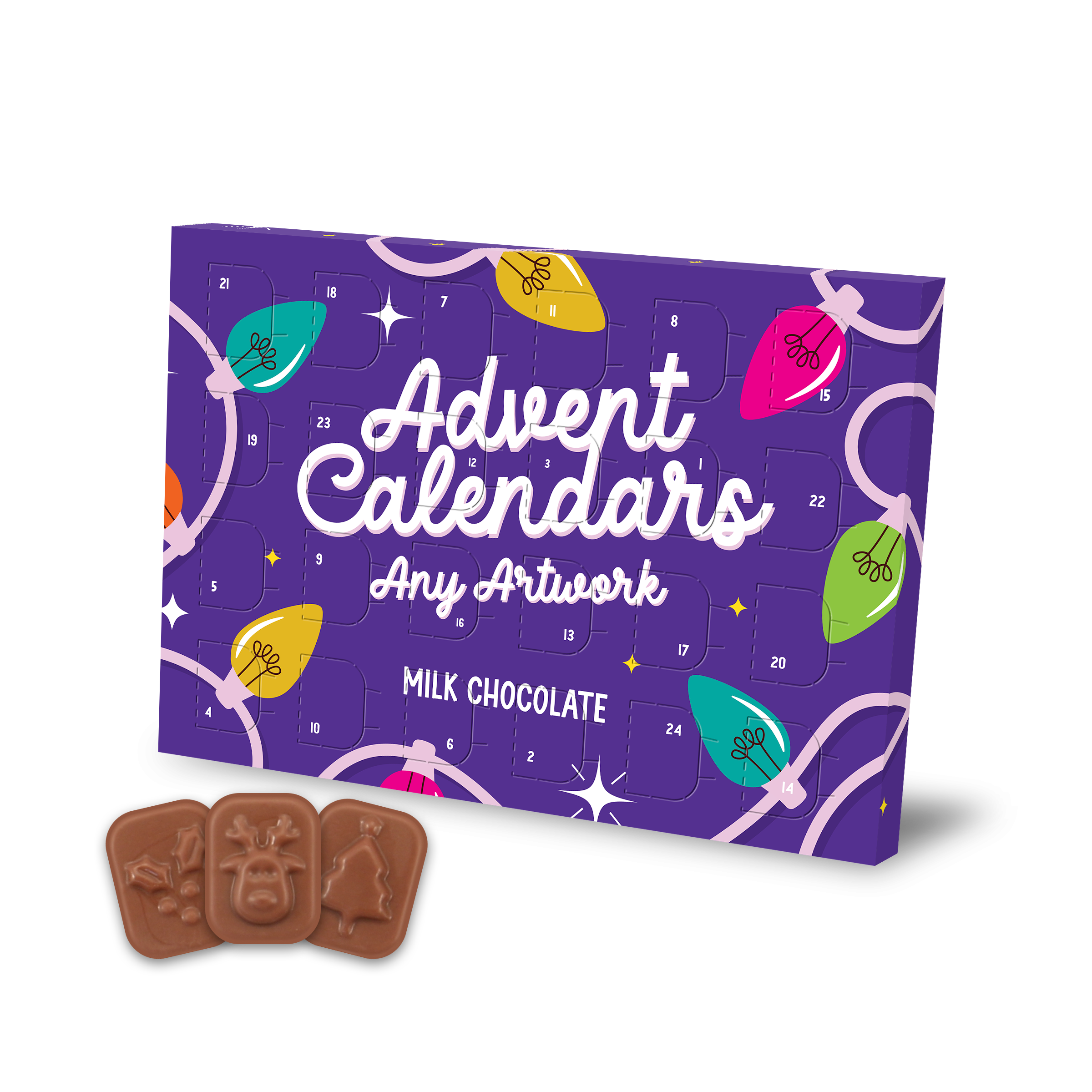 Mini advent calendar with milk chocolate, featuring a festive design and numbered doors, branded with your logo